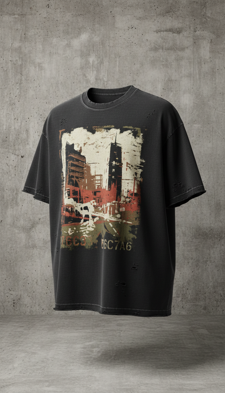Street Black heavyweight cotton distressed graphic tee, Single tee displayed on torso (cropped at neck to mid-thigh for...