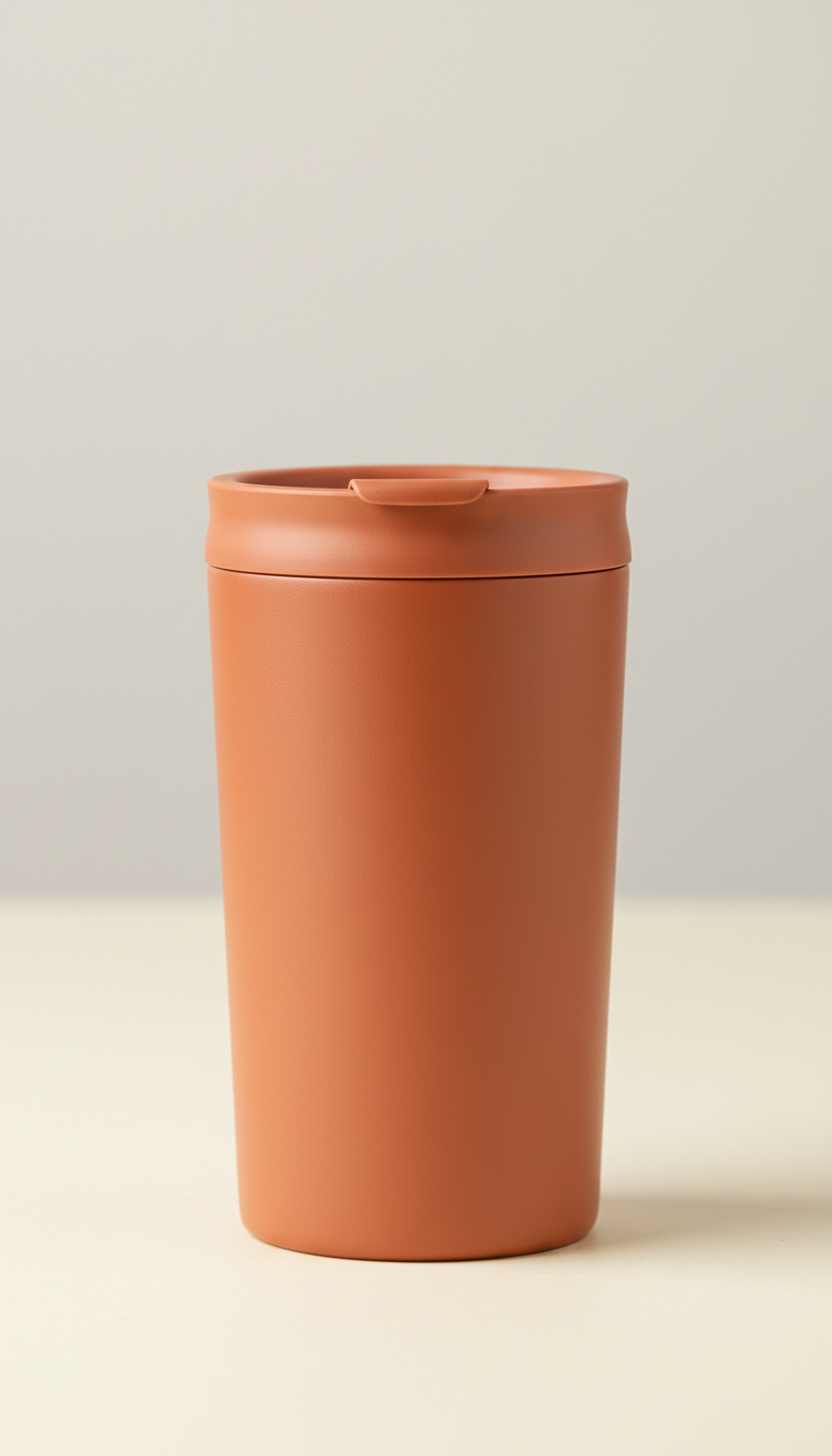 A Nature's Companion tumbler in Terracotta is dead center in the frame, photographed with a 50mm lens for a clean,...