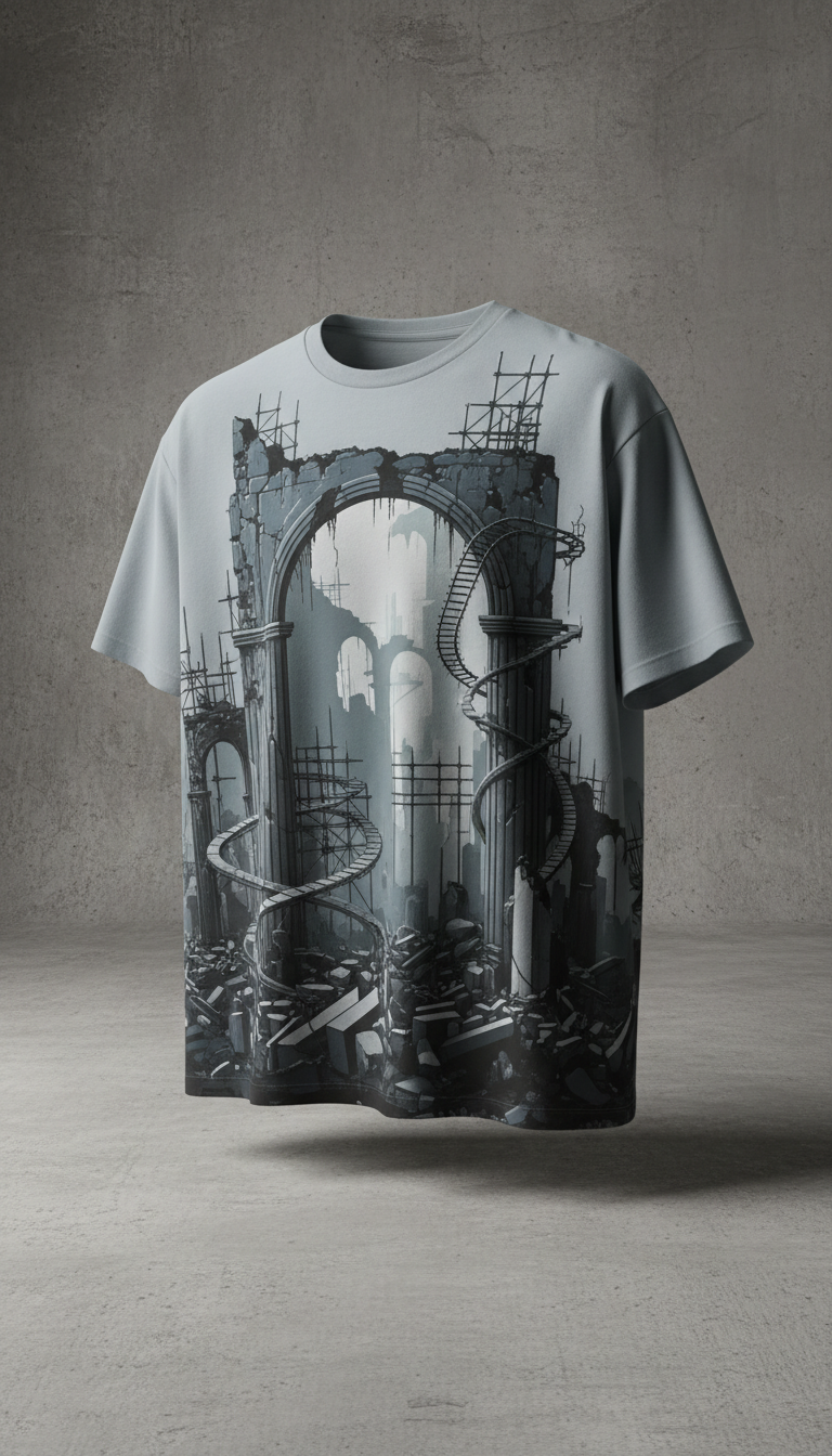 A graphic tee is presented centered on a distressed industrial grey backdrop, captured with a 3/4 angle to showcase its...