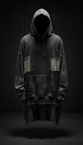 Oversized distressed hoodie, Three-quarter frontal product shots on model (never flat lay), showing garment drape and...